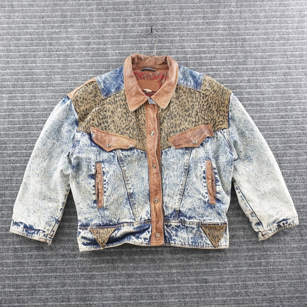 Vintage 80s Winit Denim Jacket Womens L Blue Acid Wash Leather Leopard Print